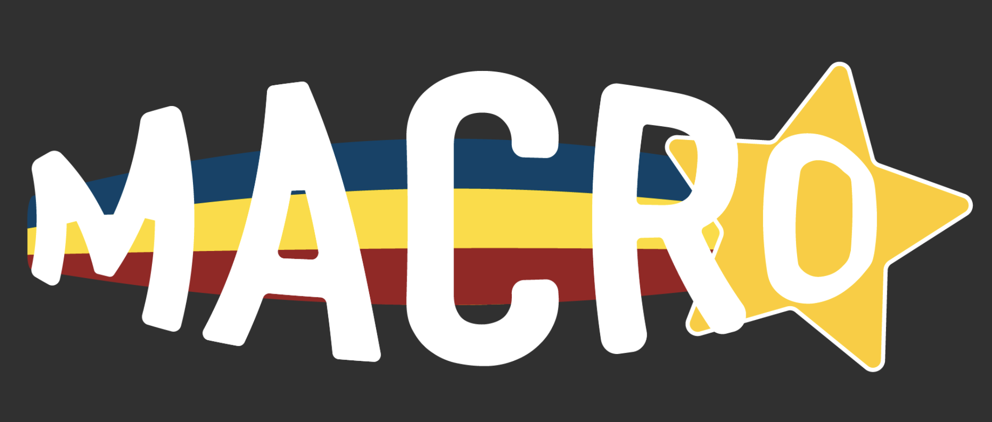The MACRO logo. White lettering is superimposed on a dark gray background and a yellow star moving right with with blue, yellow, and red streaks coming out of it; the colors of the MACRO institutions.
